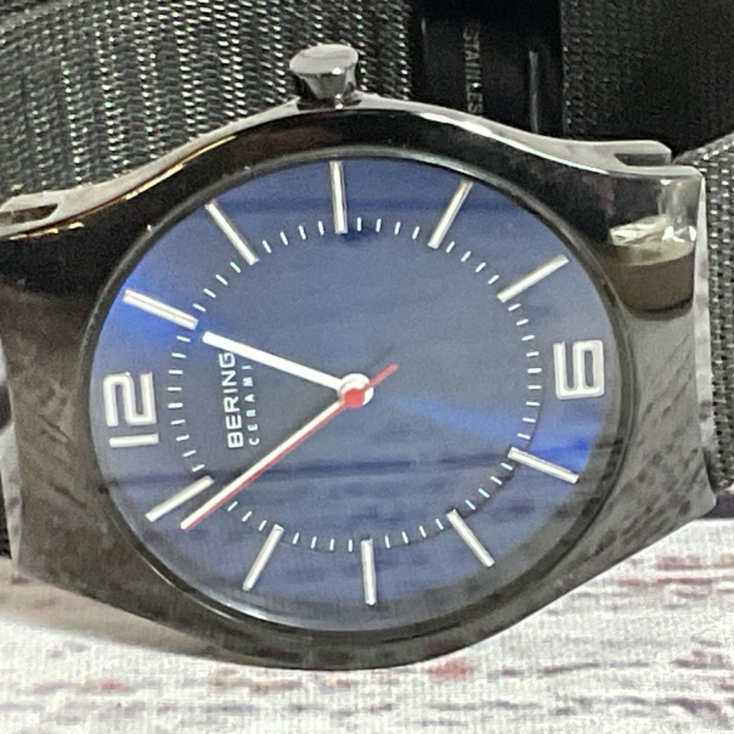 BERING Ceramic 32039-447 Men's Blue Dial Black Mesh Watch- BAND CLASP DAMAGED
