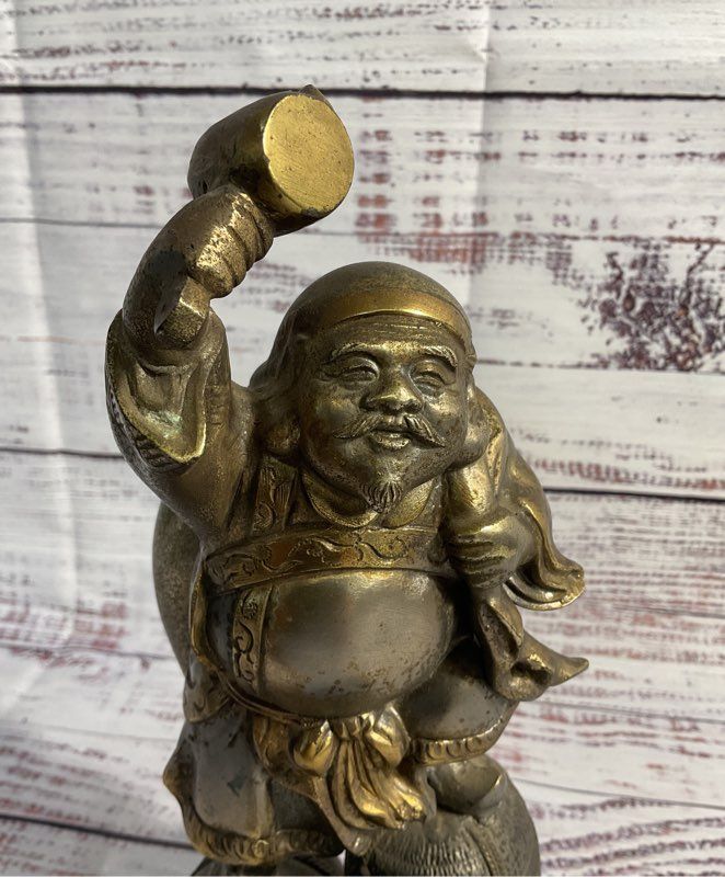 Antique Metal Japanese Statue / Sculpture Daikokuten Seven Lucky Gods 9.5"