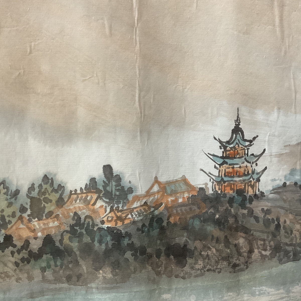 VTG/ANTIQUE Chinese Mingsha Mountain & Crescent Lake Ink & Color Painting- 48.5"