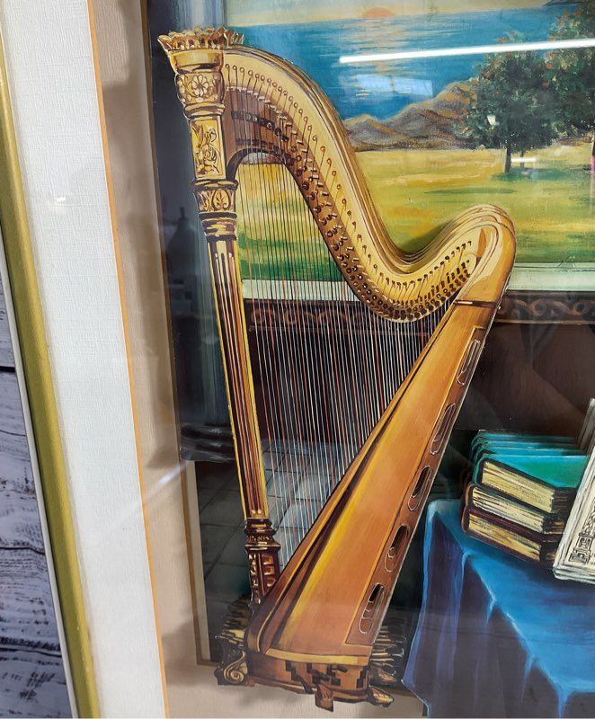 Harp and Prayer Book Window View 3D Effect Art Print Rachel Brodie