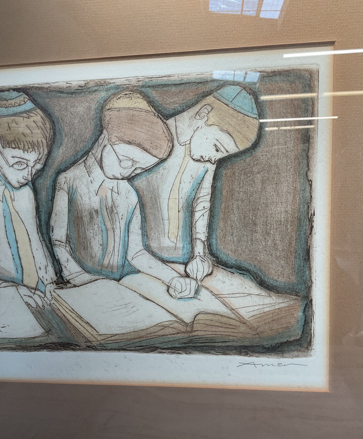 Students Framed Etching By Irving Amen Signed