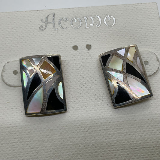 ACOMO Sterling Silver Onyx Abalone Inlay Earrings- 5.97g