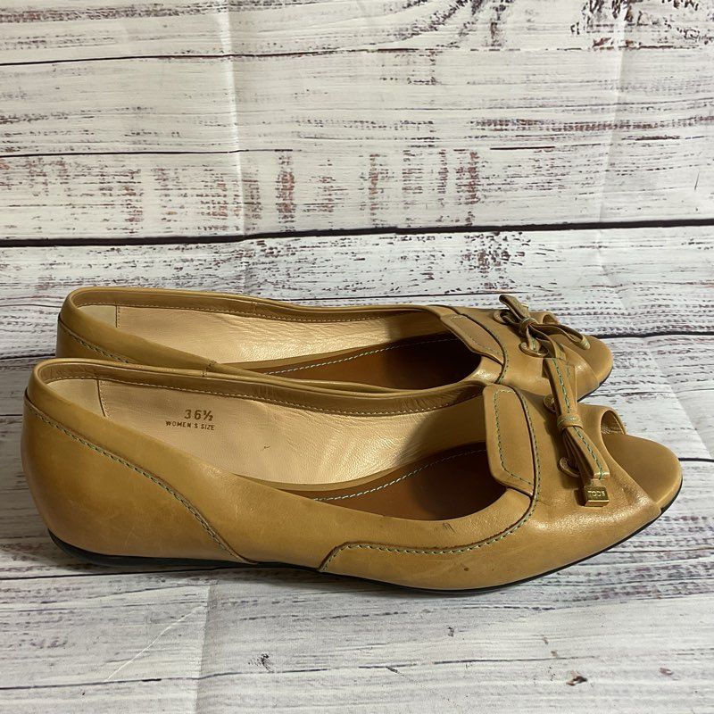 TOD'S Women's Tan Peep Toe Bow Flat Shoes-SZ 36.5
