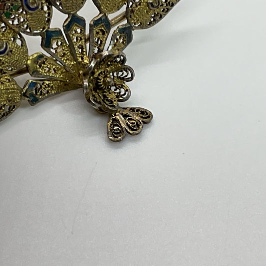 VTG. ACORES Sterling Vermeil Enamel Filigree Peacock 1.75" Brooch- 5.23g