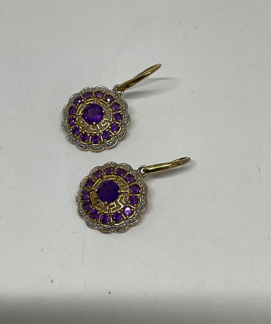 Gold Tone Sterling Silver Drop Earrings with Purple Amethysts