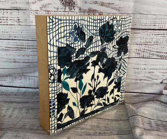 Indigo Flowers Watercolor on Board Painting Signed By Susan Rosman