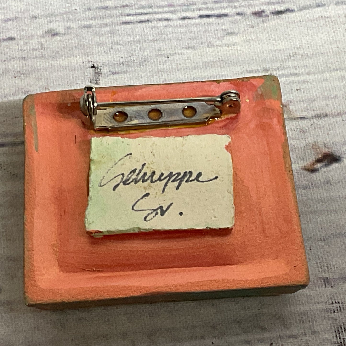 Signed VTG. SCHUPPE SR. Miniature Framed Christmas Tree Painting Brooch- 1.5"