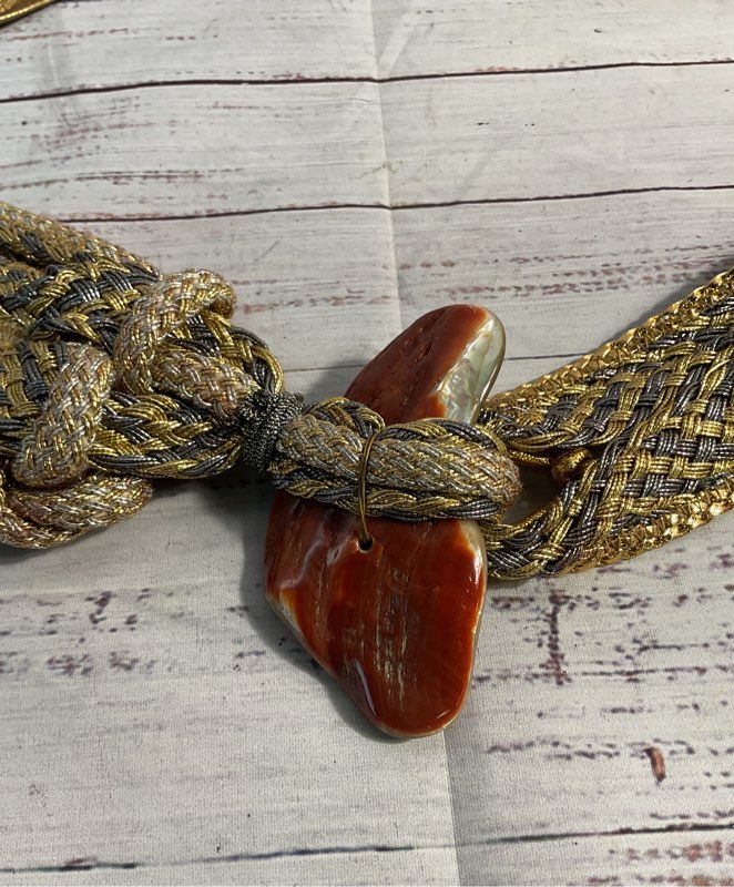 Woven Braided Belt Pearl Center Buckle Metallic Gold Tone Women's
