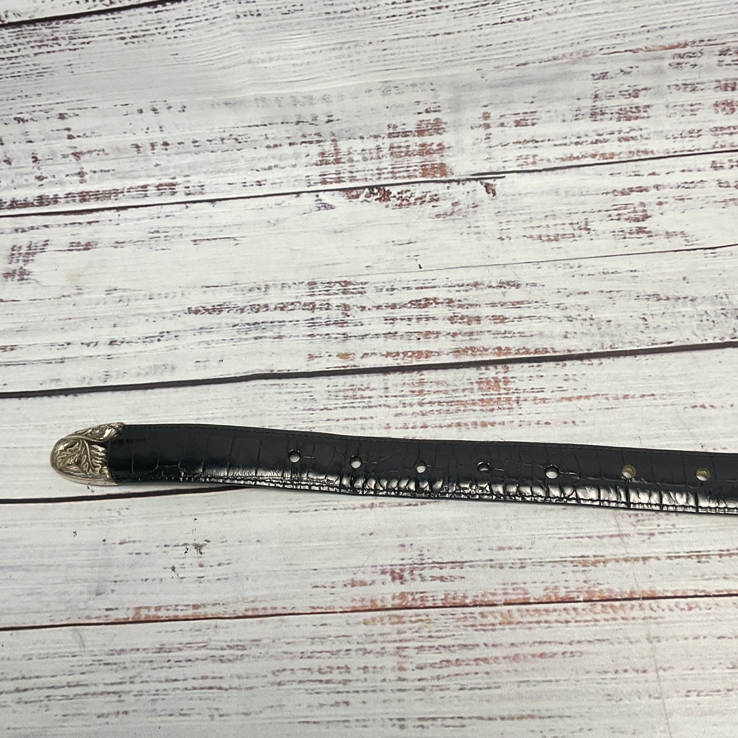 Brighton Black Embossed Reptile Pattern Leather Silver Tone Cat Buckle Belt L/34