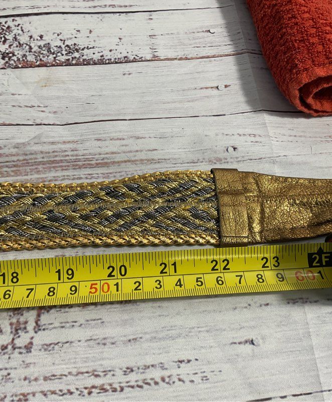 Woven Braided Belt Pearl Center Buckle Metallic Gold Tone Women's