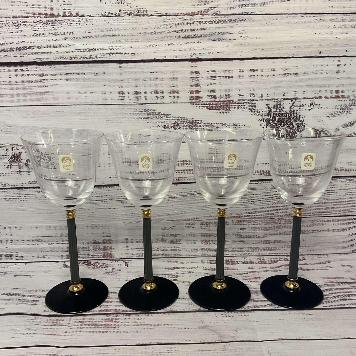 Sasaki Water/Wine Glasses Black Stem Base Gold Accents Set Of 4 2/3