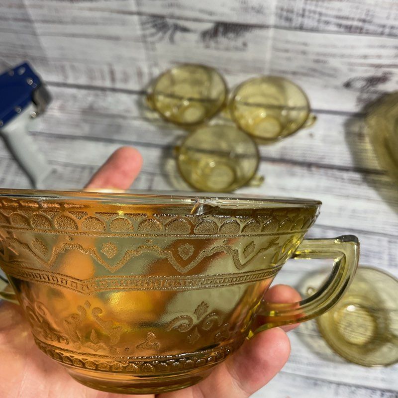 Vtg. Federal Glass Patrician Amber 7 Pc. Depression Era Cream Soup Bowl Set