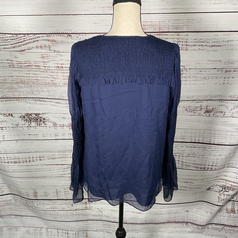 Diane Von Furstenberg Shear Navy Silk Long Sleeve Tunic Blouse - Size M