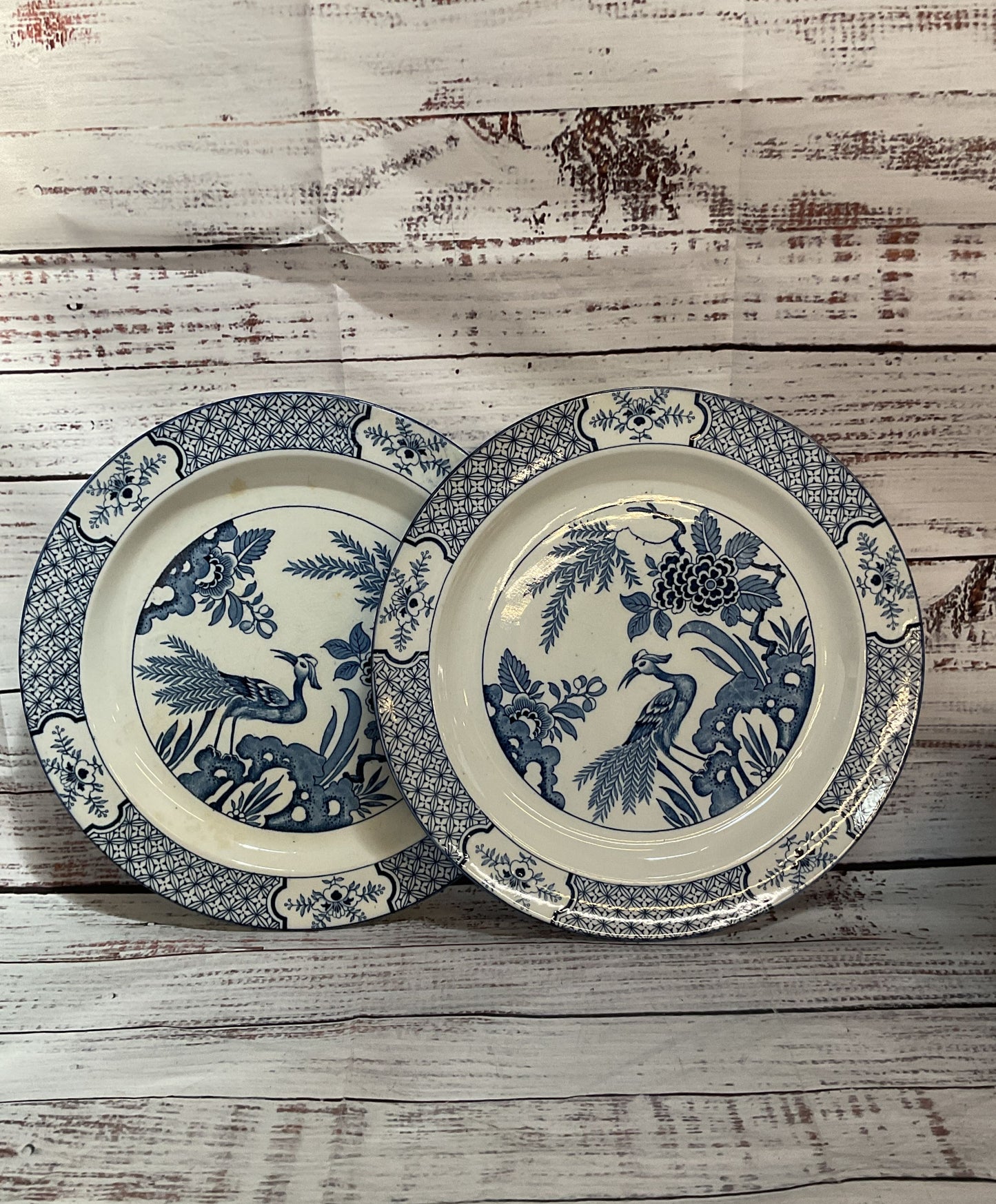 Wood & Sons Yuan Bird Floral Lot of 2 Plates Blue White