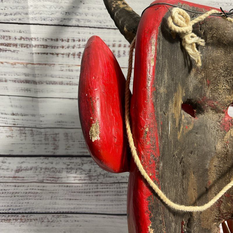 Vintage Wooden Hand Carved And Painted Red Diablo Mask Art W/ Real Animal Horns