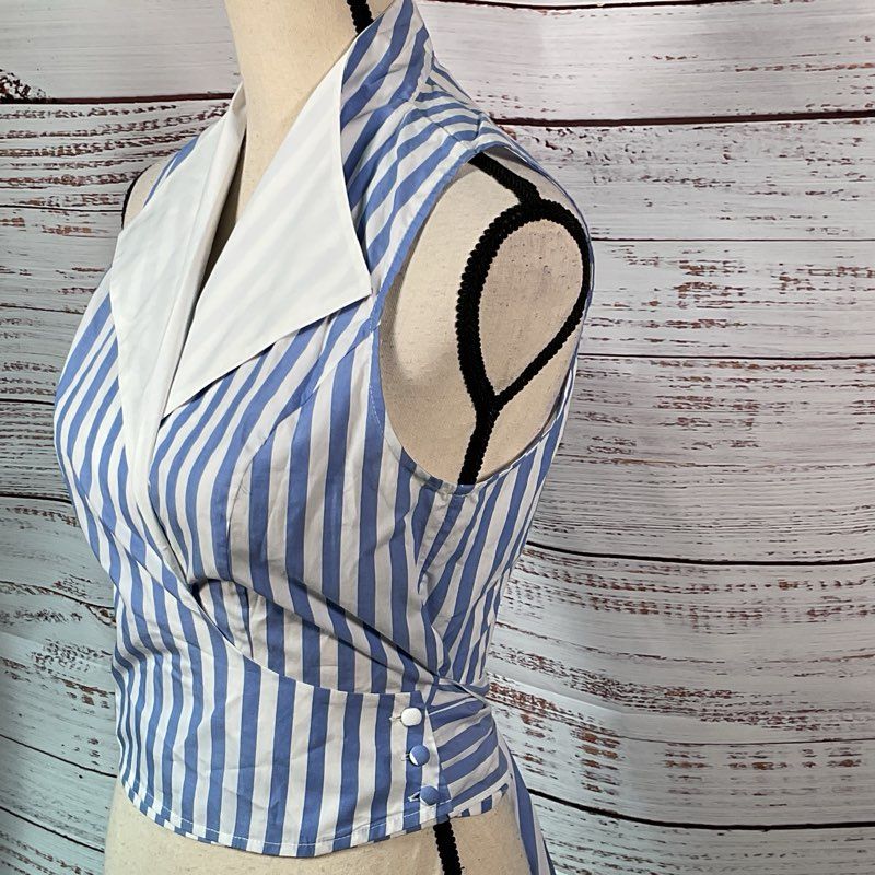 NWT STAUD Sample Women's Blue/White Strip Wrap Sleeveless Blouse- SZ 4