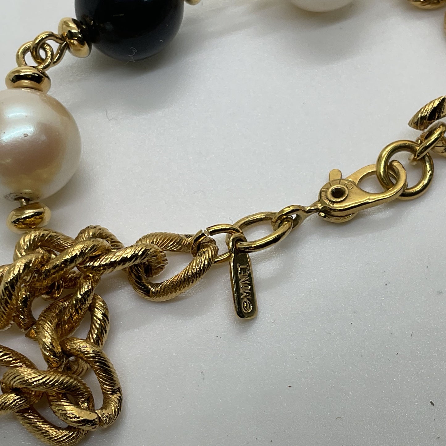 MONET White Black Faux Pearl Gold Tone Chain Bracelet- 7.75"