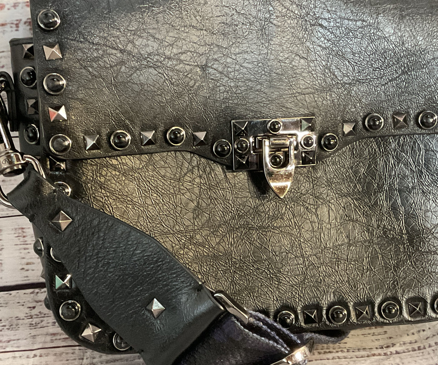 Valentino Leather Rolling Rockstud Guitar Strap Shoulder Crossbody Bag Black