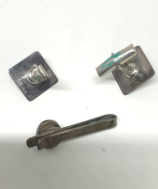 ISRAEL Sterling Silver Vintage Cufflinks & Tile Clip with Green Malachite