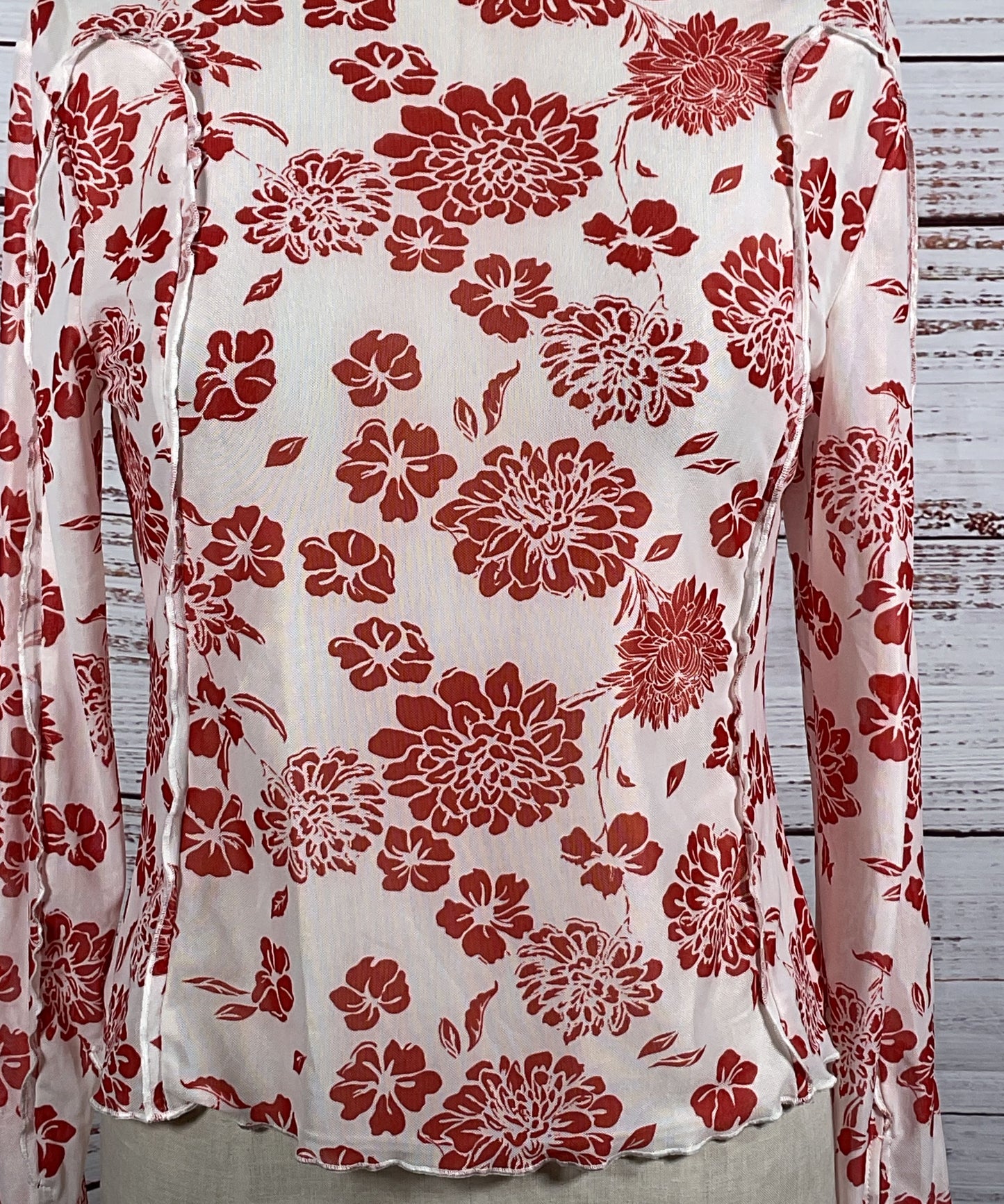 Mango Floral Print Long Sleeve Shirt Red White L