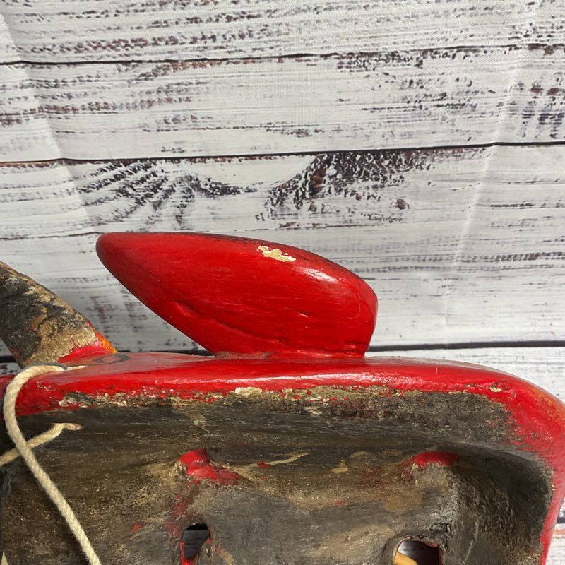 Vintage Wooden Hand Carved And Painted Red Diablo Mask Art W/ Real Animal Horns