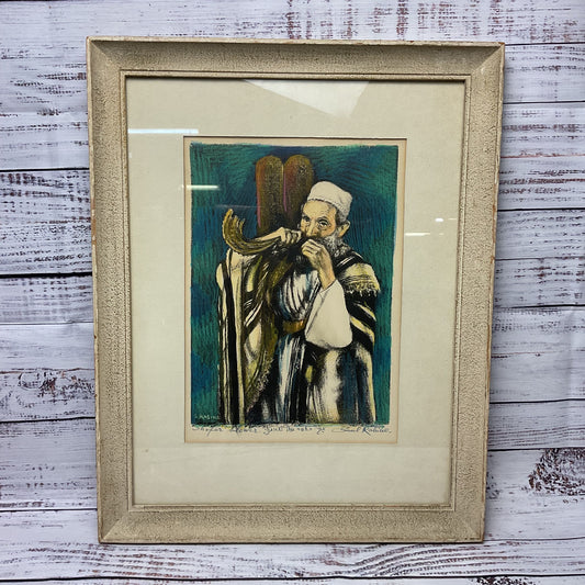 Saul Rabino "Shofar Blower" Rabbi Hand Colored Lithograph Signed