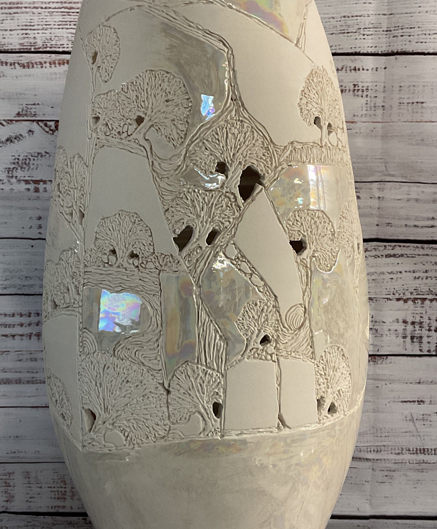 Tim & Erica Peters Lusterware Tree Carved Decorative Vase White Iridescent