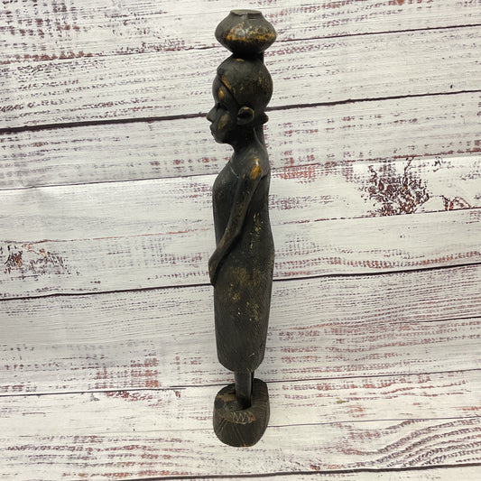Hand Carved Kenyan Woman Carrying Pot On Head Statue Sculpture