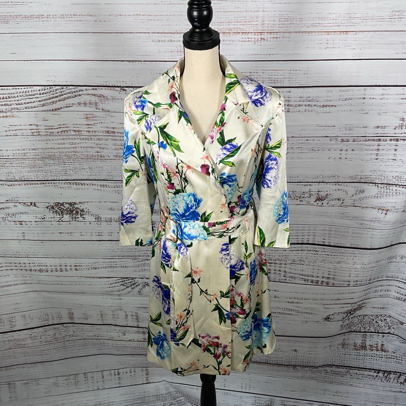 J. DOSI Ivory Floral Silk Belted Double Breasted Jacket READ DESC.