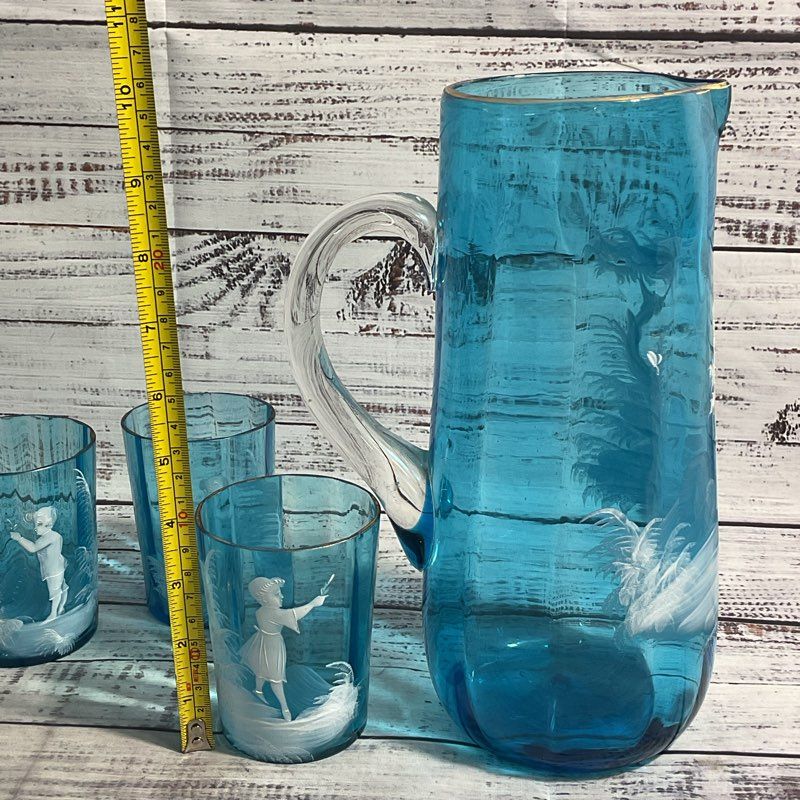 VTG. Mary Gregory Hand Painted Blue Glassware Pitcher & Cups 5 Pc. Set