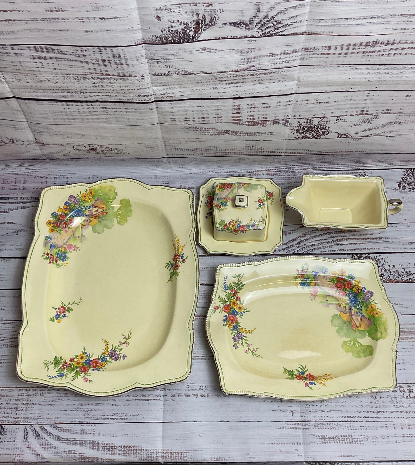 Vintage Royal Winton Set Of 5 Serveware Set- Trays, Gravy Boat, Butter Dish