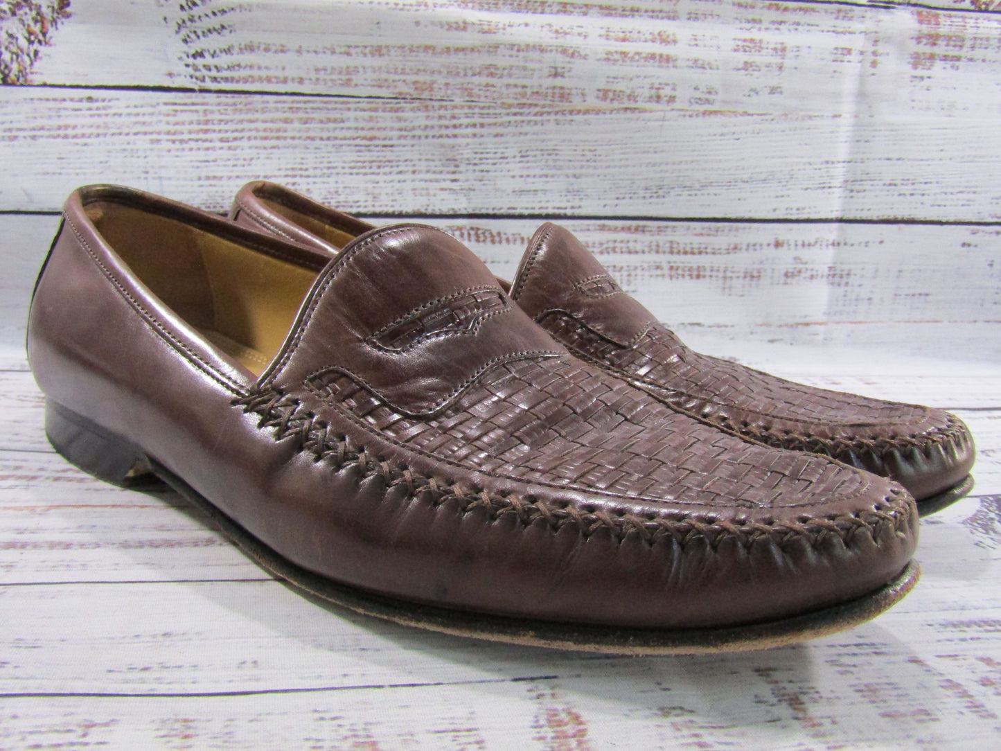 Johnston & Murphy Men's Brown Leather Woven Loafers Size 10.5