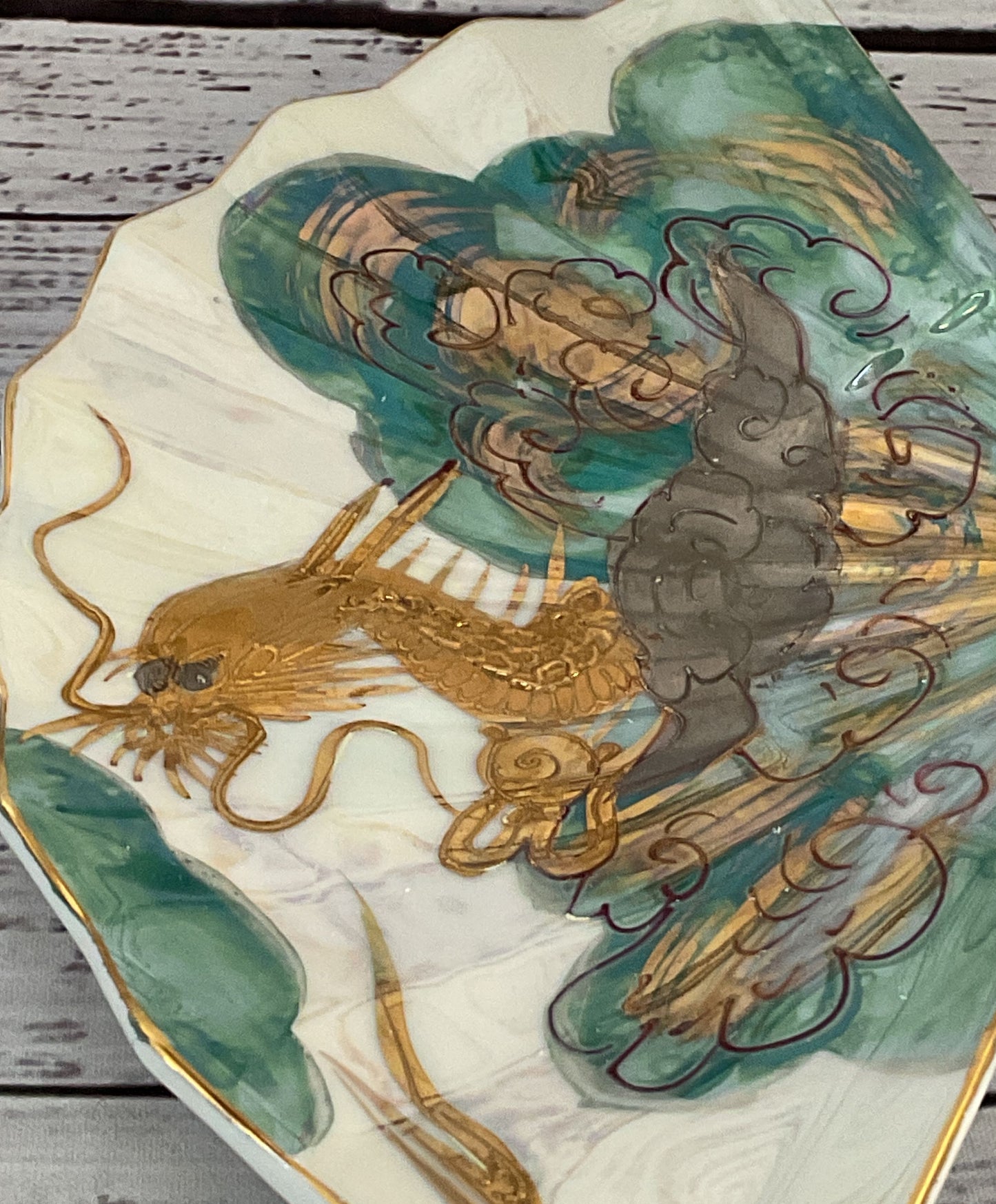 Aito Hand Painted 18K Gold Dragon Trinket Fan Dish Multicolor