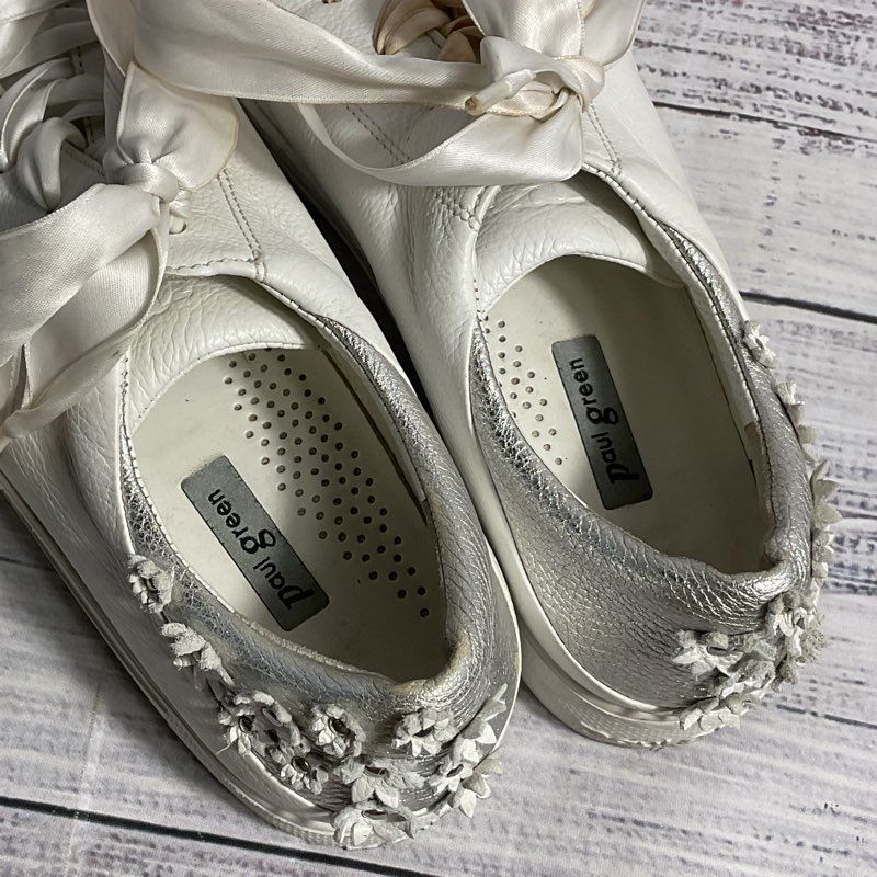 Paul Green White & Silver Floral Leather Ribbon Lace Sneaker Women's Size 6