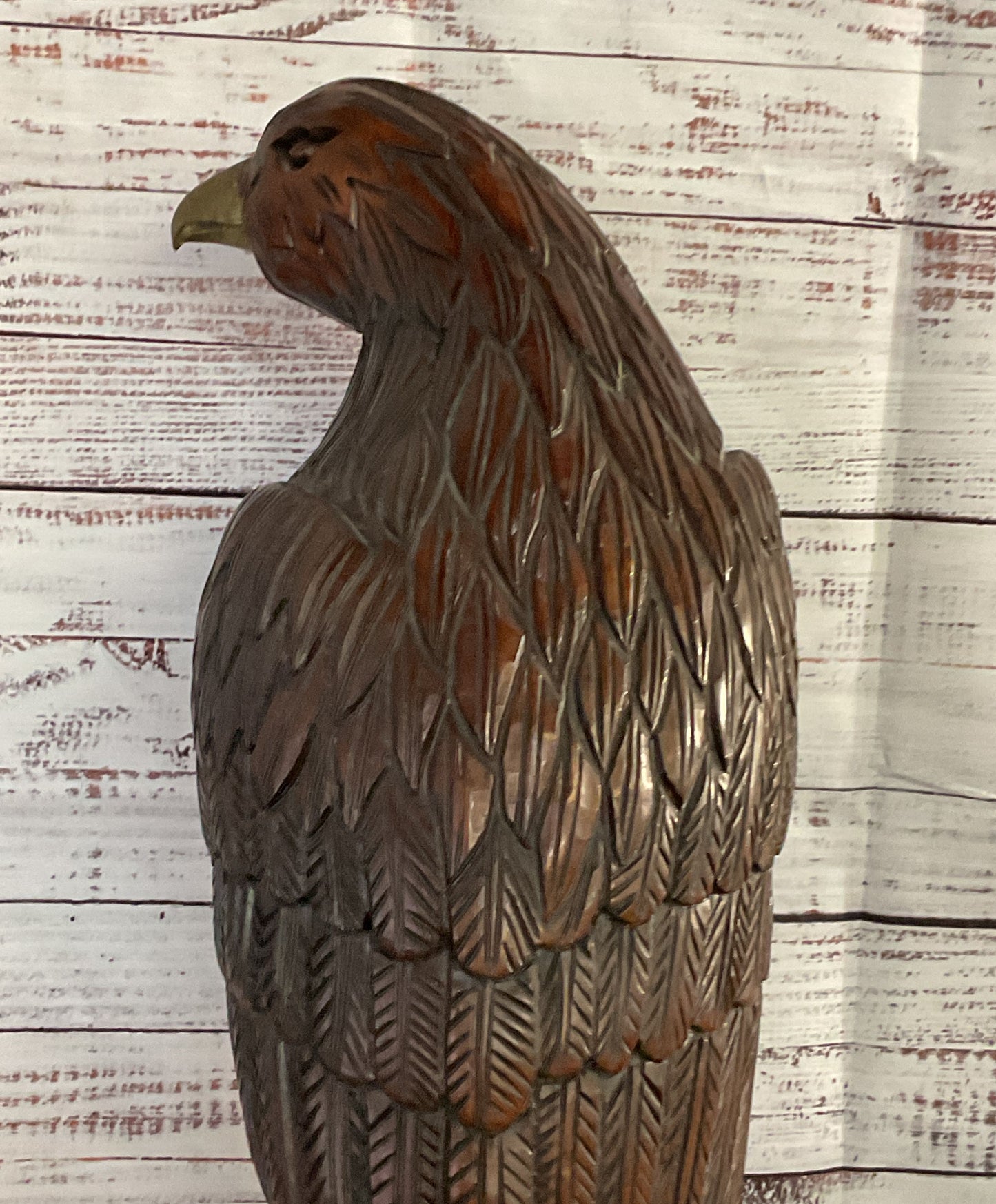 Vintage Hand Wood Carved Brass Detail Eagle Statue Brown
