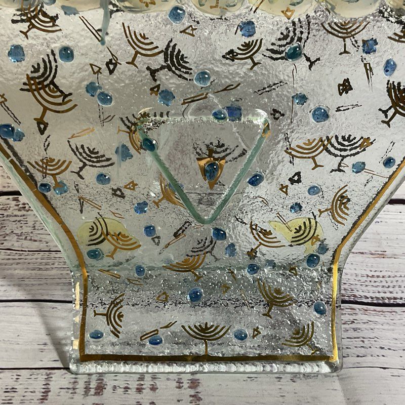 Judaica Art Glass Menorah with Brass- 8.25" x 11"