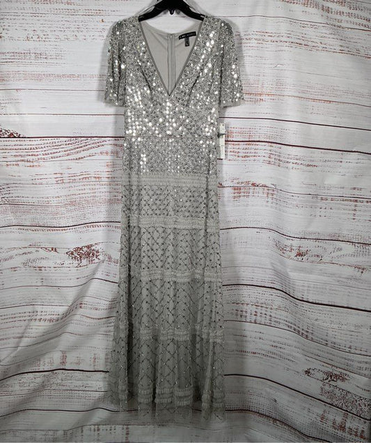 NWT Women's Aidan Mattox SS Silver Beaded Gown Size 4 Retail $595 STUNNING!!