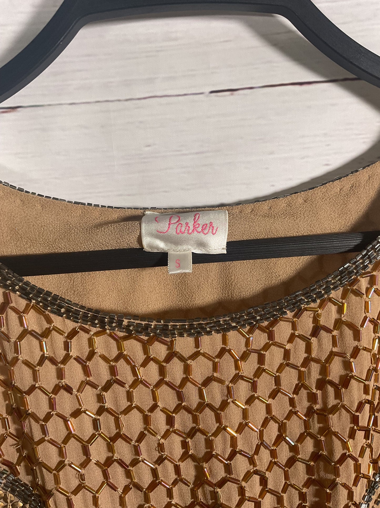 Parker Brown Short Sleeve Beaded Top - Size S