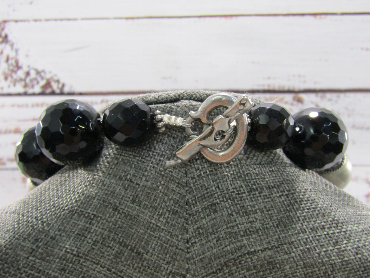 Faceted Onyx Beaded Necklace With Floral Carved Mother of Pearl Pendant