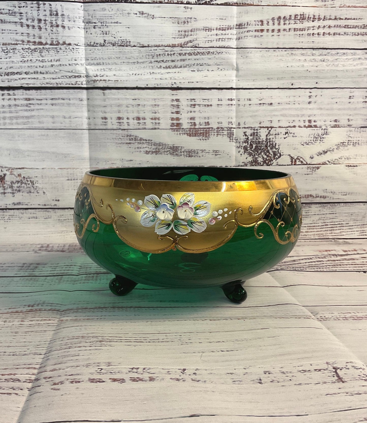 Gold Bohemia Czech Republic Green Glass Bowl