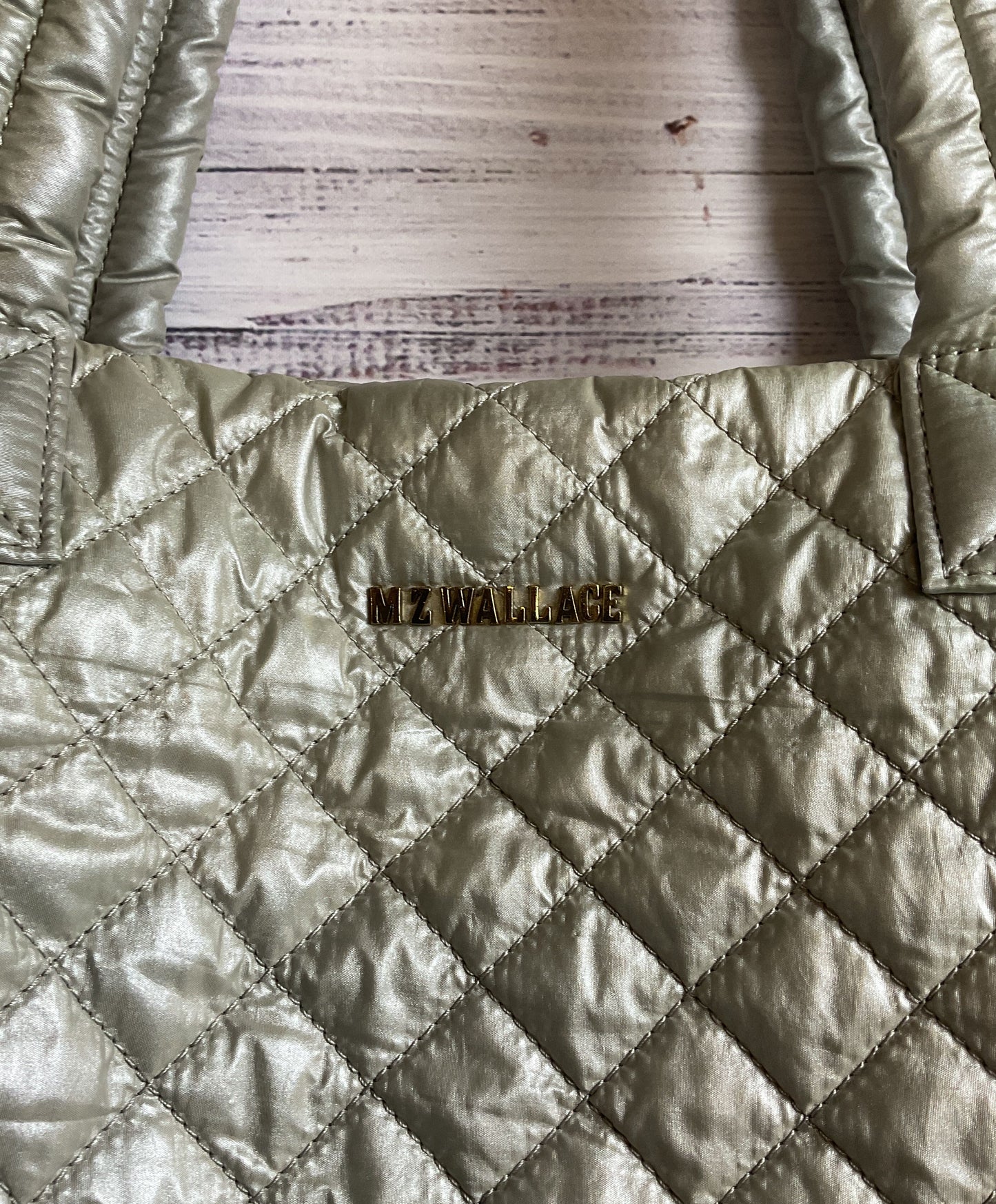 2 Piece MZ Wallace Sutton Deluxe Metallic Silver Quilted Tote & Toiletry Bag