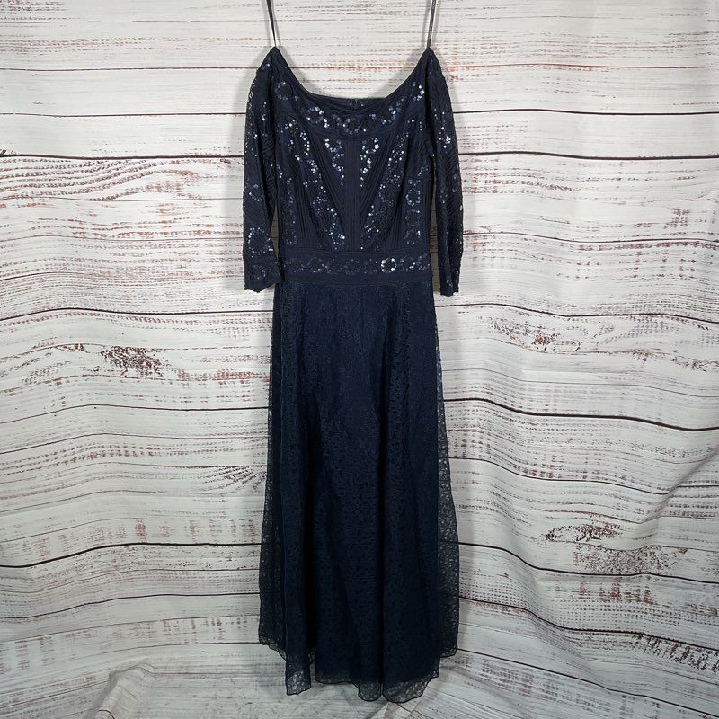 NWT Tadashi Shoji Bridal Silana Off Shoulder Navy Blue Sequin Gown Dress sz 4