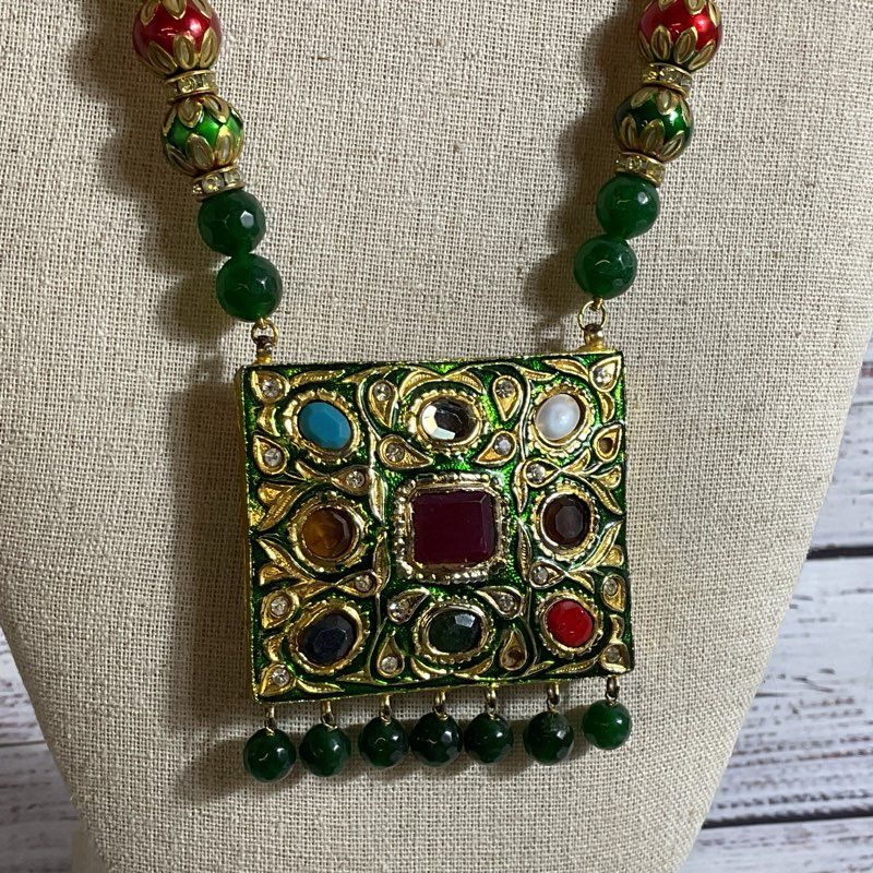 Bollywood Indian Navratna & Jade Beaded Necklace