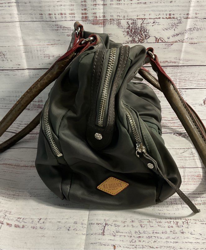 MZ Wallace Jane Gray Bedford Nylon Leather Tote Bag Grey/Green