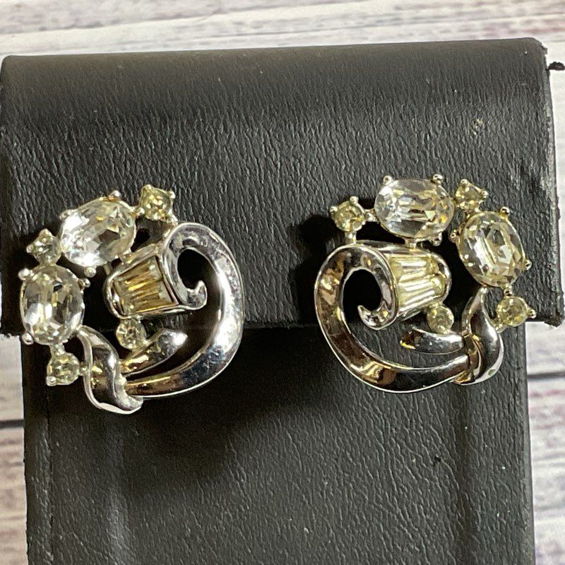 VTG. CROWN TRIFARI Art Deco Silver Tone Rhinestone Earrings
