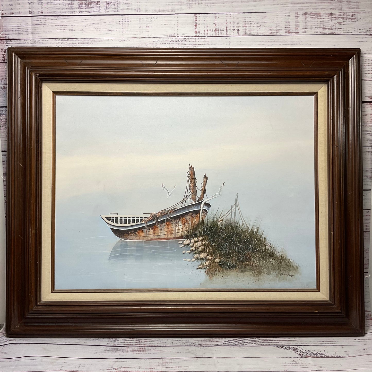 Fishing Boat Seagulls Hand Oil Painted on canvas by Blanche Phifer