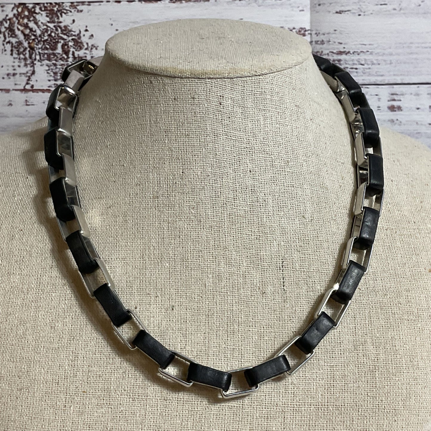 DIANE VON FURSTENBERG Silver Tone & Black Leather Wrapped Link Necklace- 20.5"