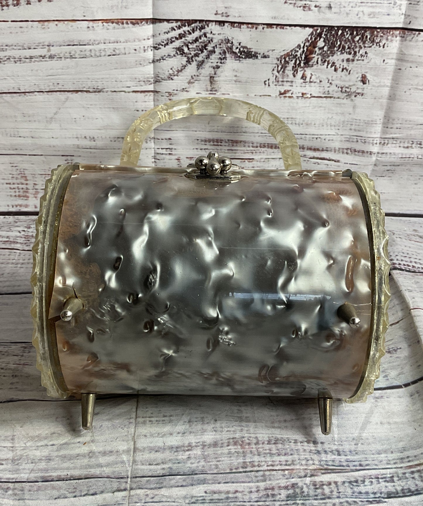 Vintage 1950s Carved Lucite Barrel Florida Handbag Silver Pearl Clear