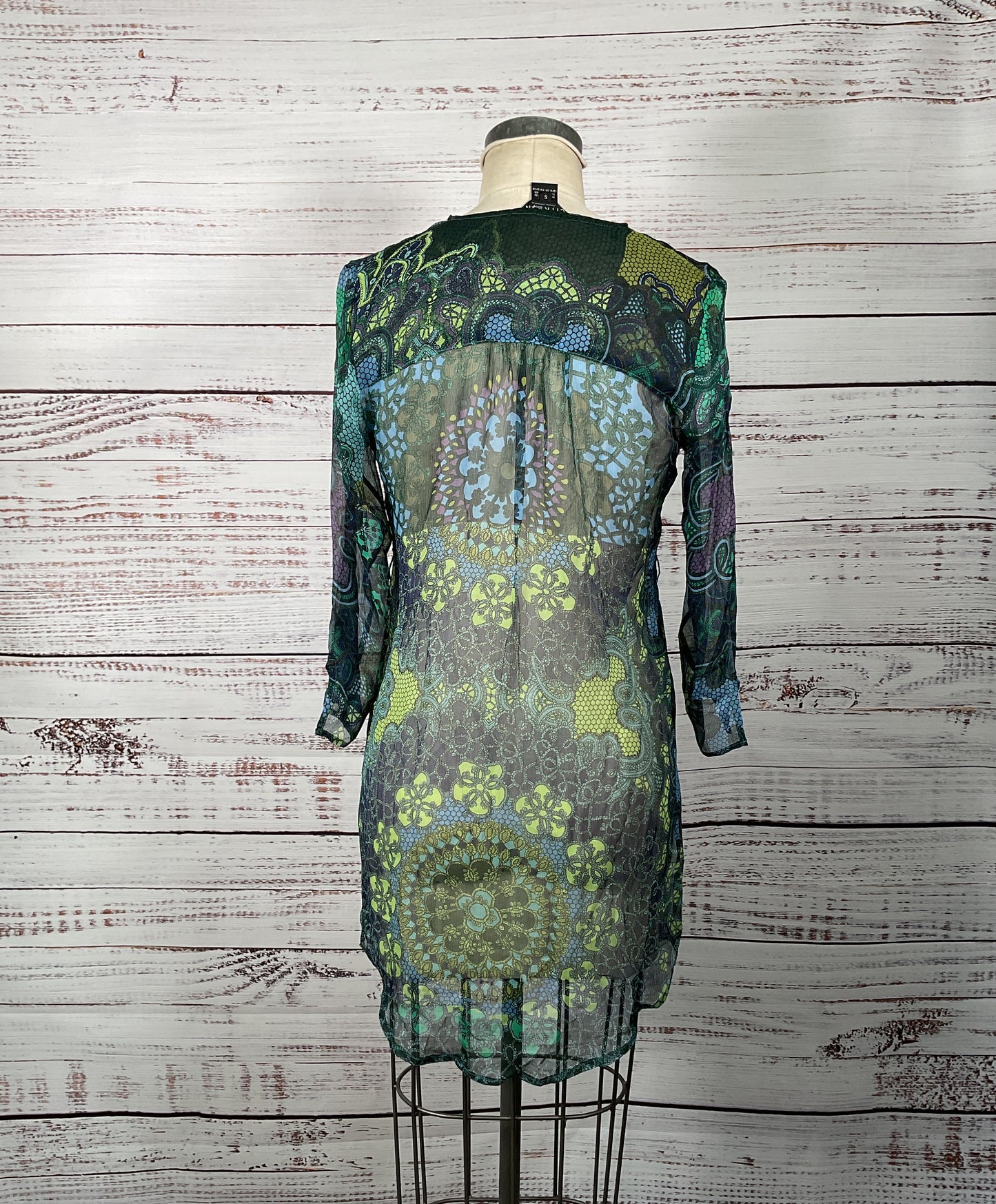Gorgeous Citron 100% Silk Paisley Print Sheer 3/4 Sleeve Tunic - Size Small