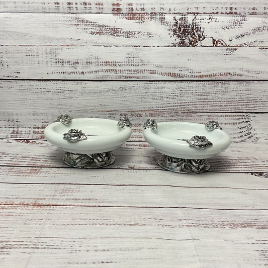 White Ceramic Silver Tone Roses Eden Candle Holders Pair of 2 Made in Italy